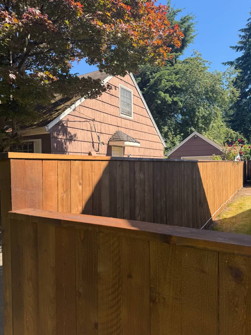 Corner of a capped cedar privacy fence with a finished top board in a Portland, OR yard