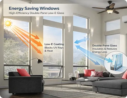 Diagram showing how Low-E coating and double-pane glass save energy