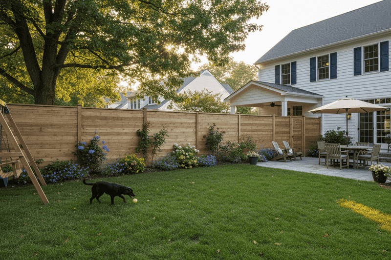 Modern horizontal cedar fence in a landscaped Portland, OR backyard
